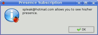 Notification window of single presence subscription