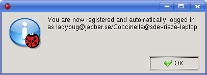 The registration confirmation dialog says your account is registered