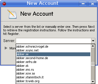 Select instant messaging server for the new account