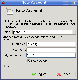 Enter registration details like username and password in the new account dialog